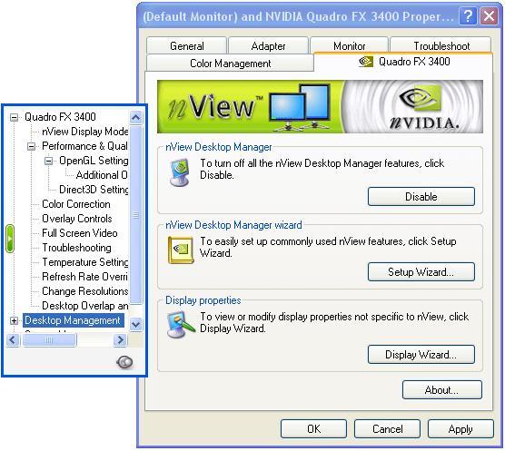 nview Desktop Manager: Here you can enable or disable the nview Desktop Manager.