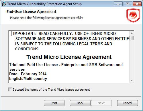 Trend Micro Vulnerability Protection Installation Guide The End-User License Agreement screen appears. 3.