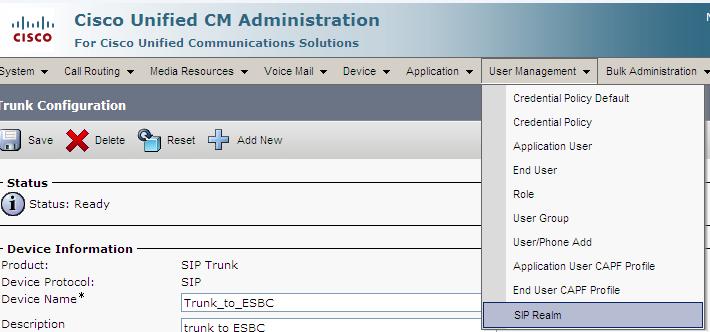 Configure SIP Trunk Authentication Credential For challenges received on SIP trunks (from ESG), i.e., when CUCM acts as user agent, you configure a SIP realm, which includes the realm (SIP Domain), username (device or application user), and digest credentials.