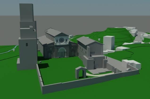 Figure 7: 3D urban model (left) and rendering of the Basilica principal nave (right). 4.
