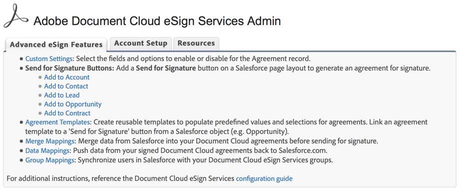 Congratulations! You have successfully installed and set up esign services for Salesforce. Try SENDING AN AGREEMENT and experience esign services for the first time.