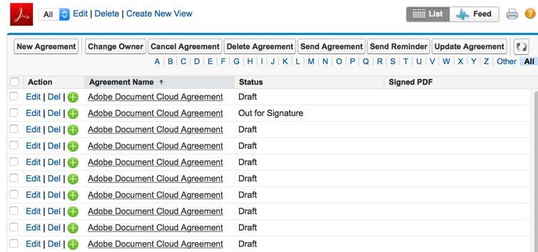 Once created and submitted, you can view the agreements in the Agreement object list view by clicking the Agreements tab. Click the Go button to display the list.