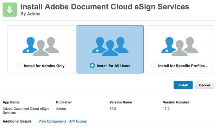 7. When the Install Adobe Document Cloud esign Services page displays, we recommend that you select the Install for All Users option then click Install.