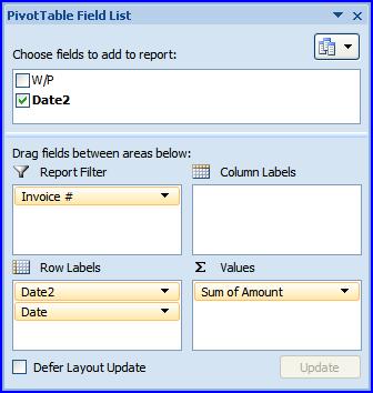 A new field has been added added to the PivotTable to the PivotTable Field List Field (Date2). List (Date2). Also note the position of Date2 in the layout.