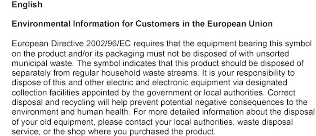 User Information for Consumer Products Covered by EU Directive 2002/96/EC on Waste Electric and Electronic