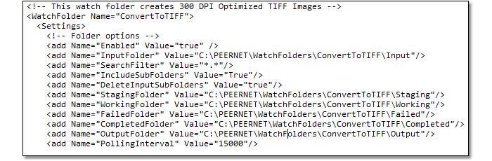 The Watch Folder Configuration File The configuration file is an XML-based file that can be opened in your favorite XML editor, or in Notepad using the shortcut Programs - PEERNET Document Conversion