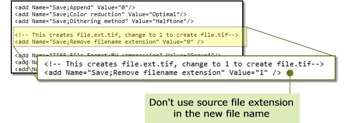 The Output File Name Each watch folder normally keeps the source file extension as part of the name of the new file. The setting Save;Remove filename extension can be set to 1 to change this.