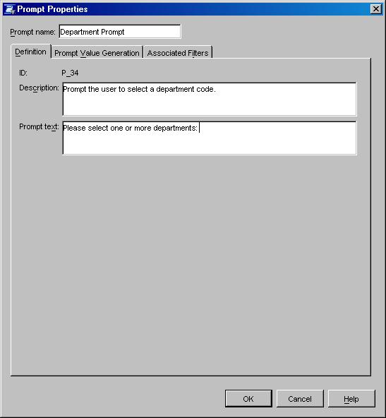 Creating a SAS Information Map 4 Create a Prompted Filter 49 9 To create the prompt, complete the following steps: a b c In the Prompt Properties dialog box, enter Department Prompt in the Prompt