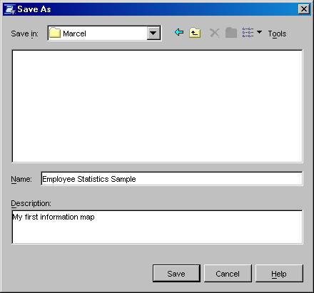 Creating a SAS Information Map 4 Test the Information Map 55 6 In the Save As dialog box, enter Employee Statistics Sample in the Name box. 7 In the Description box, enter My first information map.