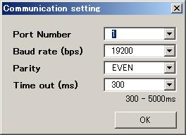 2.4.4.1.Communication setting window In this window, settings of a port number, baud rate, parity and time out can be done as shown in Fig. 2.4-22.