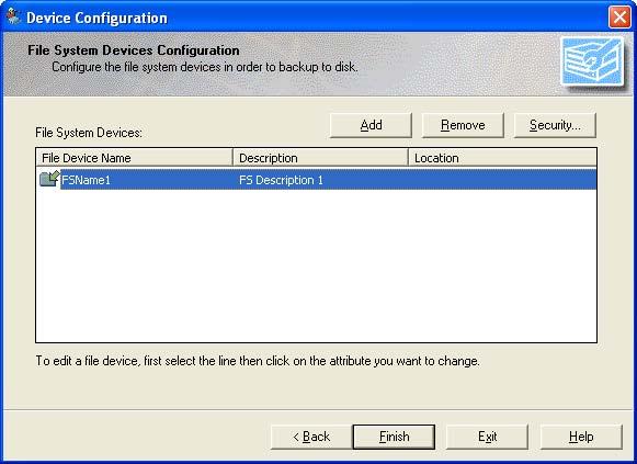4. On the File Systems Device Configuration screen, press the Add button. This will add a device with the File Device Name and Description as shown below.