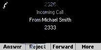 Call color indicates call status: Medium gray: Active call. Dark gray: Incoming call. White: Held call. Use the up and down arrow keys to select a call (highlight it).