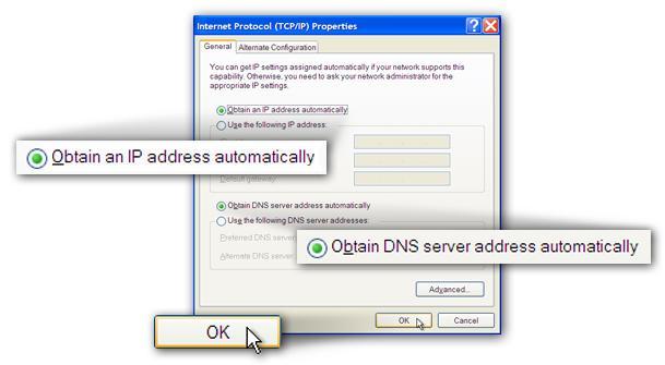 6. Ensure that Obtain an IP address automatically and Obtain