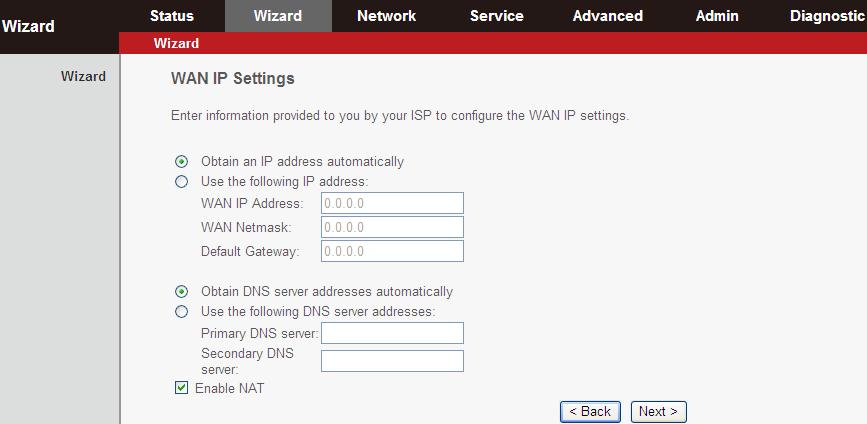 Set the encapsulation mode to LLC/SNAP and click Next to continue: Field Obtain an IP address automatically