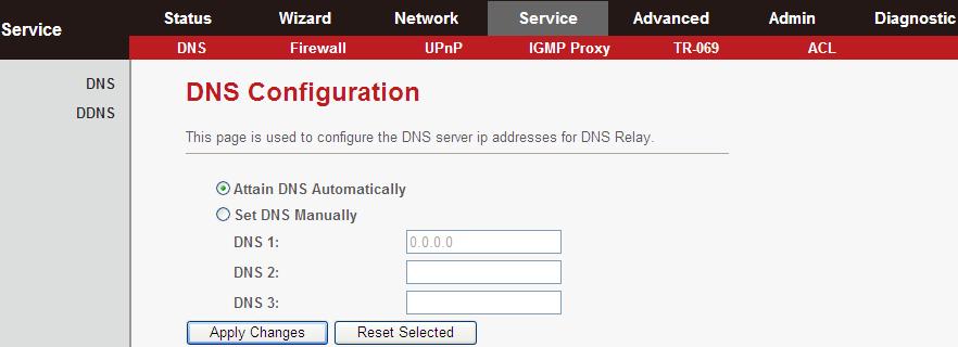 5.5. Service In the navigation bar across the top of the screen, click Service. The Service page which is displayed contains DNS, Firewall, UPNP, IGMP Proxy, TR-069 and ACL. 5.5.1.