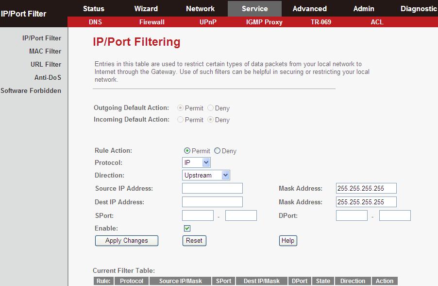 5.5.2. Firewall Choose Service > Firewall. The Firewall page that is displayed contains IP/Port Filter, MAC Filter, URL Filter, Anti-DoS and Software Forbidden. 5.5.2.1.