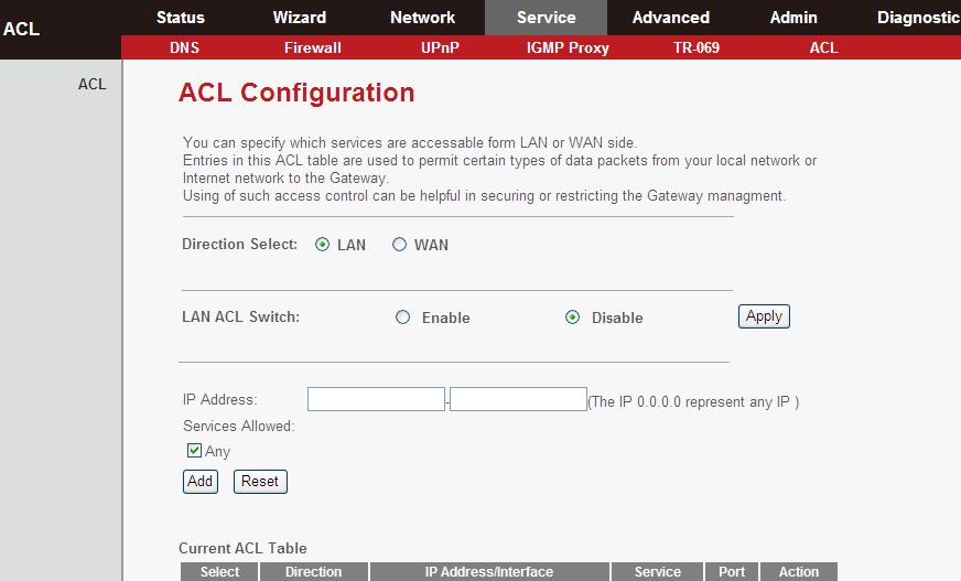 Field Direction Select LAN ACL Switch IP Address Services Allowed Add Reset Select the router interface. You can select LAN or WAN. In this example, LAN is selected.