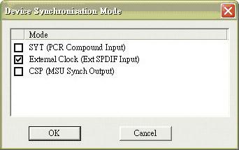 If you wish to use the S/PDIF input, simply double-click on the 302 in the devices menu. The Device Synchronization Mode window that will then appear allows users to select the External Clock (Ext.