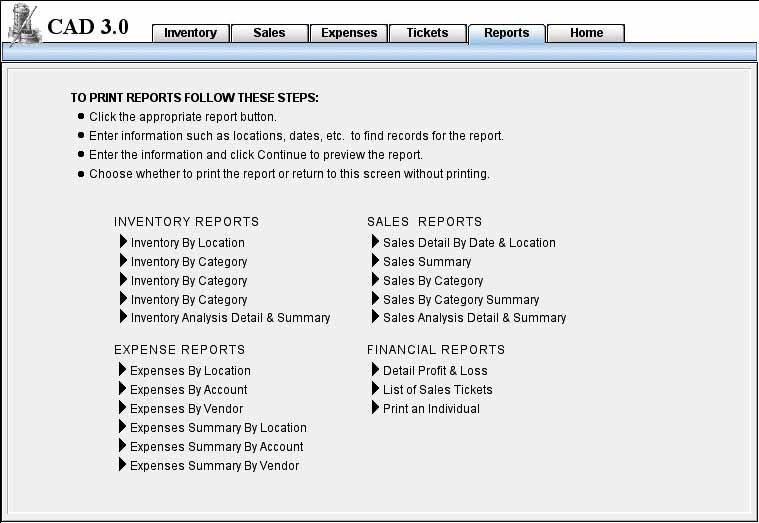 Reports TO PRINT REPORTS 1. Click a report name to begin the printing process. 2. Enter a date range, location or category as needed to find the records needed for the report. 5.