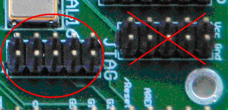 Please ensure pin 1 on the cable is connected to pin 1 of the header. Figure 3 Please ensure you connect the JTAG programmer to the JTAG header, NOT the power bus.