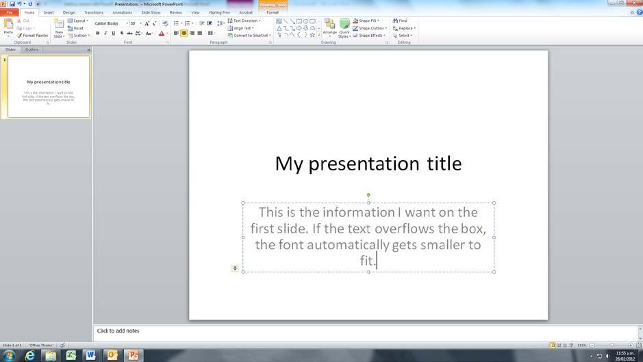 To start PowerPoint, select Start/All Programs/Microsoft Office/Microsoft PowerPoint 2010. PowerPoint opens to a new presentation. A presentation consists of one or more slides.