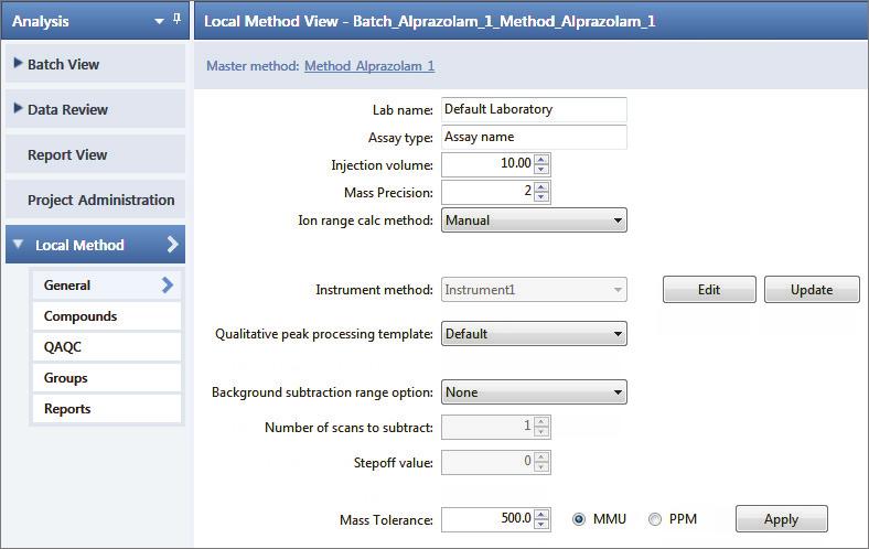 Local Method In the Local Method view of the Analysis mode, you can edit only the local copy of the method, or you can edit the master method and overwrite the local copy with the edited master
