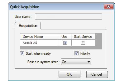 The Quick Acquisition dialog box opens. 2. Select an instrument method. 3. Type a name for the raw data file that you acquire. 4.