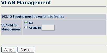VLAN Id for Management: To turn on VLAN Management, select the VLAN Id button. Note- 802.1q tagging must be enabled.