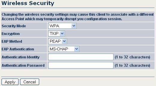 Encryption: In the drop-down list, select the type of encryption your wireless network uses: TKIP or AES. EAP Method.