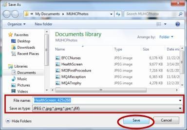 Navigate to the folder where you wish to save the image. Enter a file name. The file name should indicate what the picture shows.