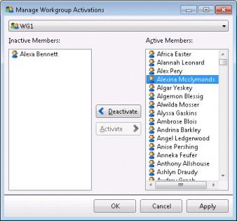 Manage Workgroup Activations dialog. 2. Select a workgroup from the drop list at the top of the dialog. This populates lists of active and inactive agents. 3.