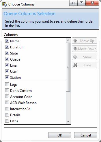 Queue Columns Selection dialog 145 Use the Queue Columns Selection dialog to select queue columns to display in a view, and to optionally set their order of appearance in a view.