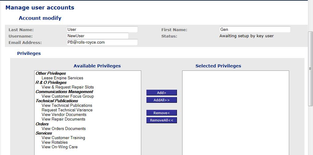 Assign the privileges that you wish the applicant to have by highlighting the privileges in the Available Privileges table on the left and then clicking the Add> button (highlighted on image above).