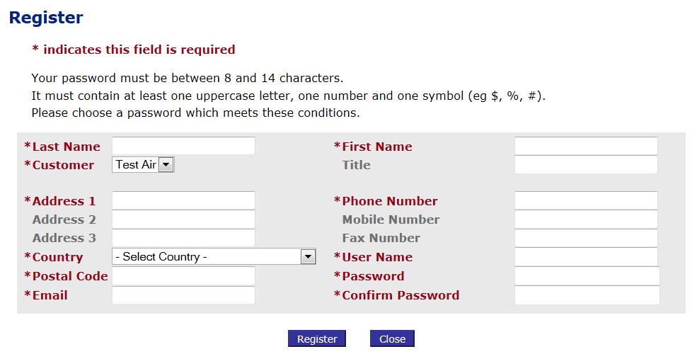 The Customer field will be auto populated and you will be required to complete the default fields which are highlighted in red. This includes choosing a user Name and Password for the user.