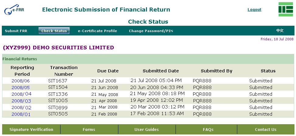 Figure 27: Check Status screen Select the relevant return by clicking on the appropriate reporting period