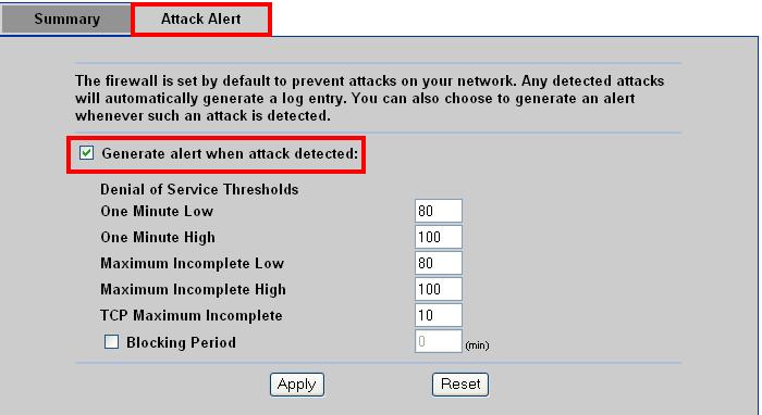 Additional Configuration The procedures detailed in this section are optional and not required in all situations. Attack Alerts Attack alerts are the first defense against DOS attacks.