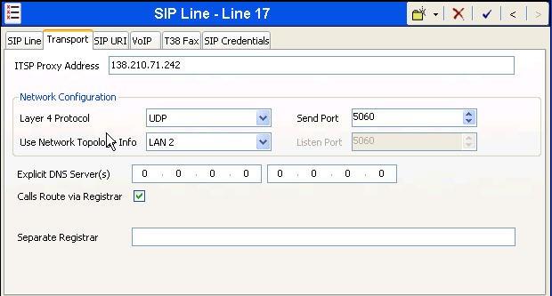 Select the Transport tab. The ITSP Proxy Address is set to the CenturyLink IP Address provided by CenturyLink. As shown in Figure 1, this IP Address is 138.210.71.242.