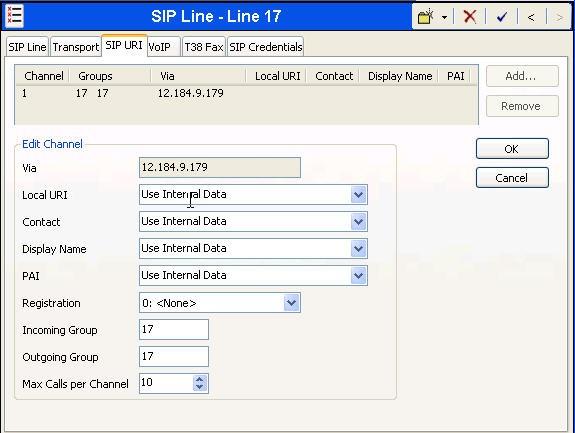 A SIP URI entry must be created to match each incoming number that Avaya IP Office will accept on this line. To create a SIP URI entry, first select the SIP URI tab.