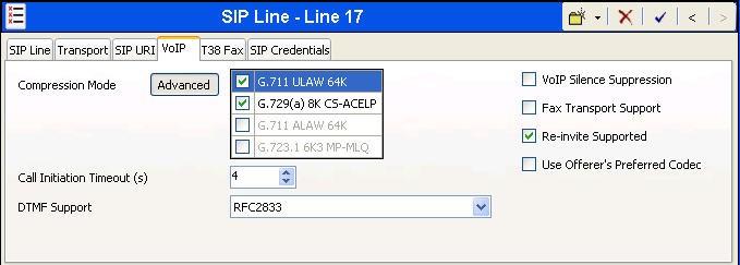 Select the VoIP tab, to set the Voice over Internet Protocol parameters of the SIP line. Set the parameters as shown below:.