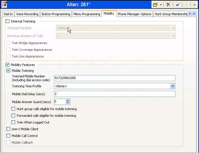 From Figure 1, note that one of the H.323 IP Phones at the enterprise site uses the Mobile Twinning feature. The following screen shows the Mobility tab for User Allan.