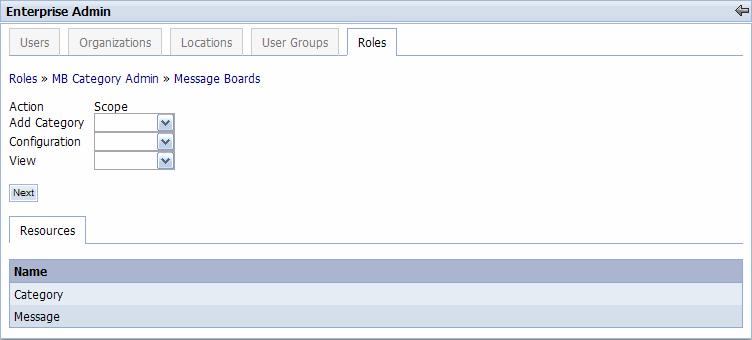 Because the Message Board Category resource is to be acted upon, the administrator must first find the Message Board portlet.