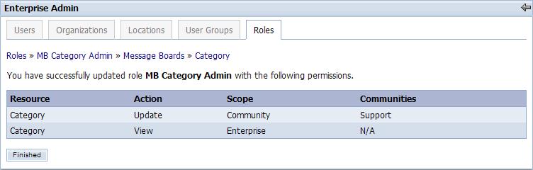 Security and Permissions 6. Just as in the previous use case, this final screen displays a summary of the permissions that are now associated with the MB Category Admin" role.