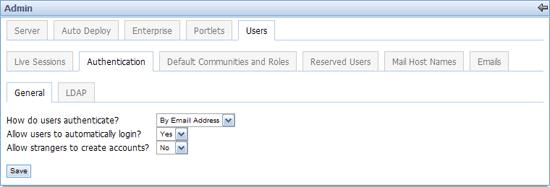 Admin Portlet 1. With the General tab selected, the mode of authentication, whether a user signs in by email address or by user ID, can be selected on the first line.