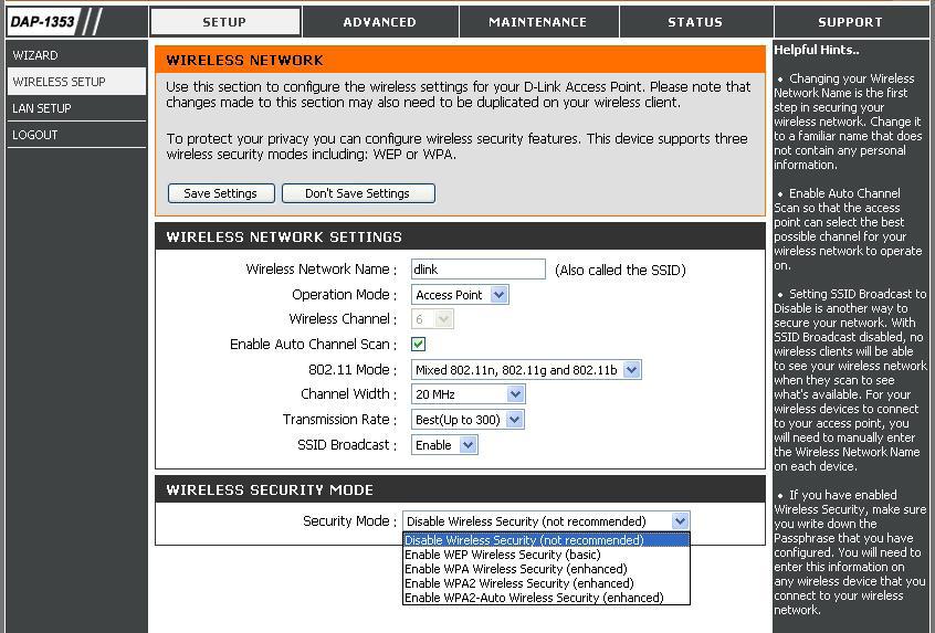 Wireless Setup The Wireless Setup page is used to configure the wireless settings