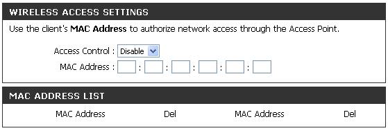 Access Control: Disabled by default, select Accept or Reject to filter wireless access to the MAC addresses listed in the MAC Address List.