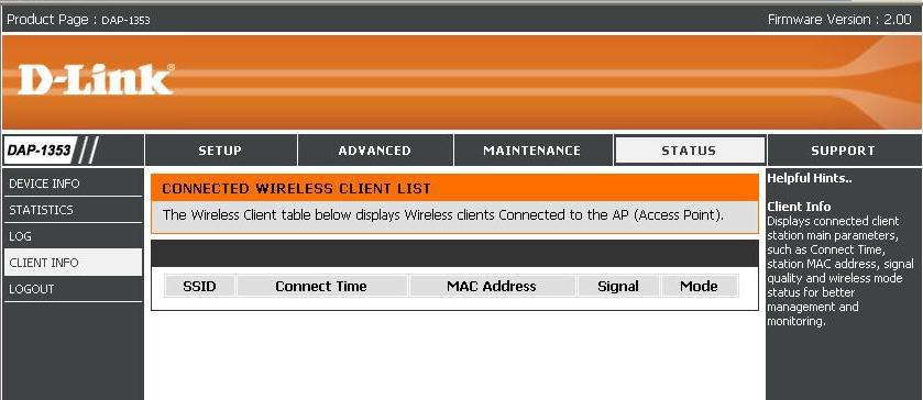 Client Info The Connected Wireless Client list shows the currently connected wireless clients.