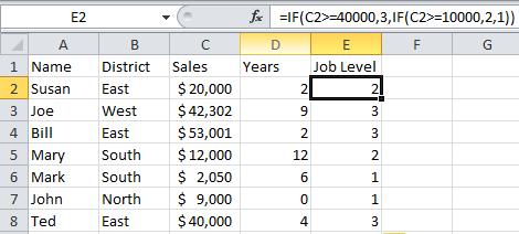 NESTED IF STATEMENT Sales people who have sales of 40,000 or greater are a level 3, $10,000 or greater are a level 2, the rest are a level 1.