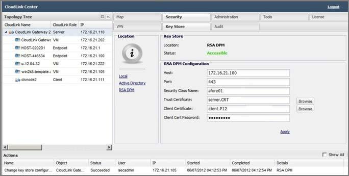 To configure CloudLink Center to use RSA DPM for KEK storage, under Location, click RSA DPM. 5.