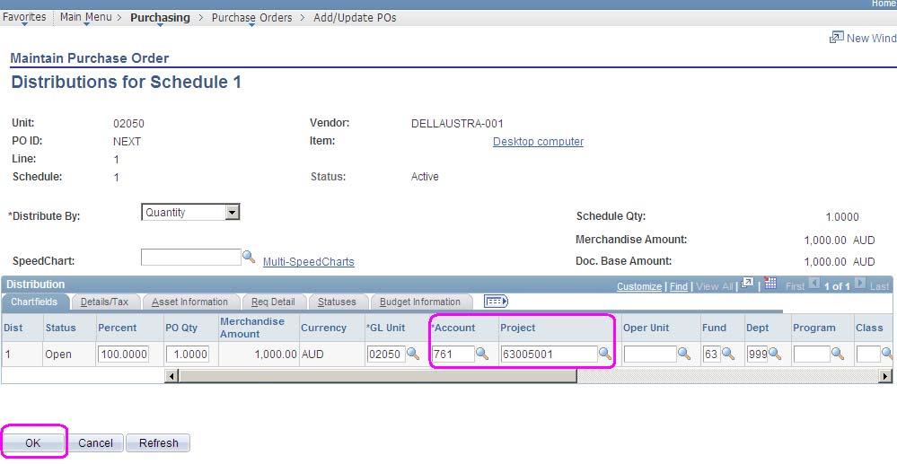 NOTE: To add more lines to the purchase order, click on the sign at the end of the Lines details and repeat steps i o.