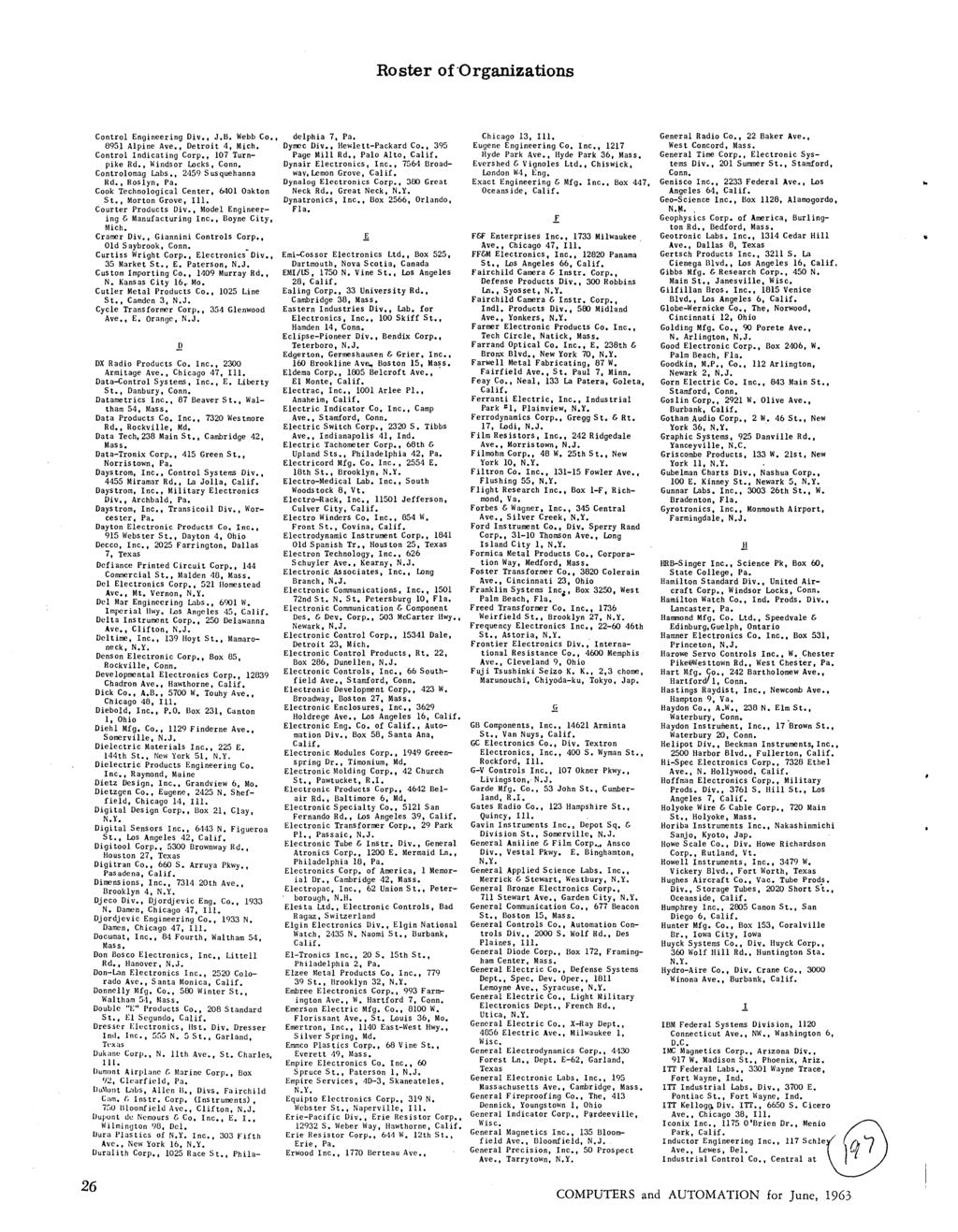 Roster of'organizations Control Engineering, J.ll. Webb Co., delphia 7, Pa. 8951 Alpine Ave., Detroit 4, Mich. Dyrrec, Hewlett-Packard Co., 395 Control Indicating, 107 Turn- Page Mill Rd.